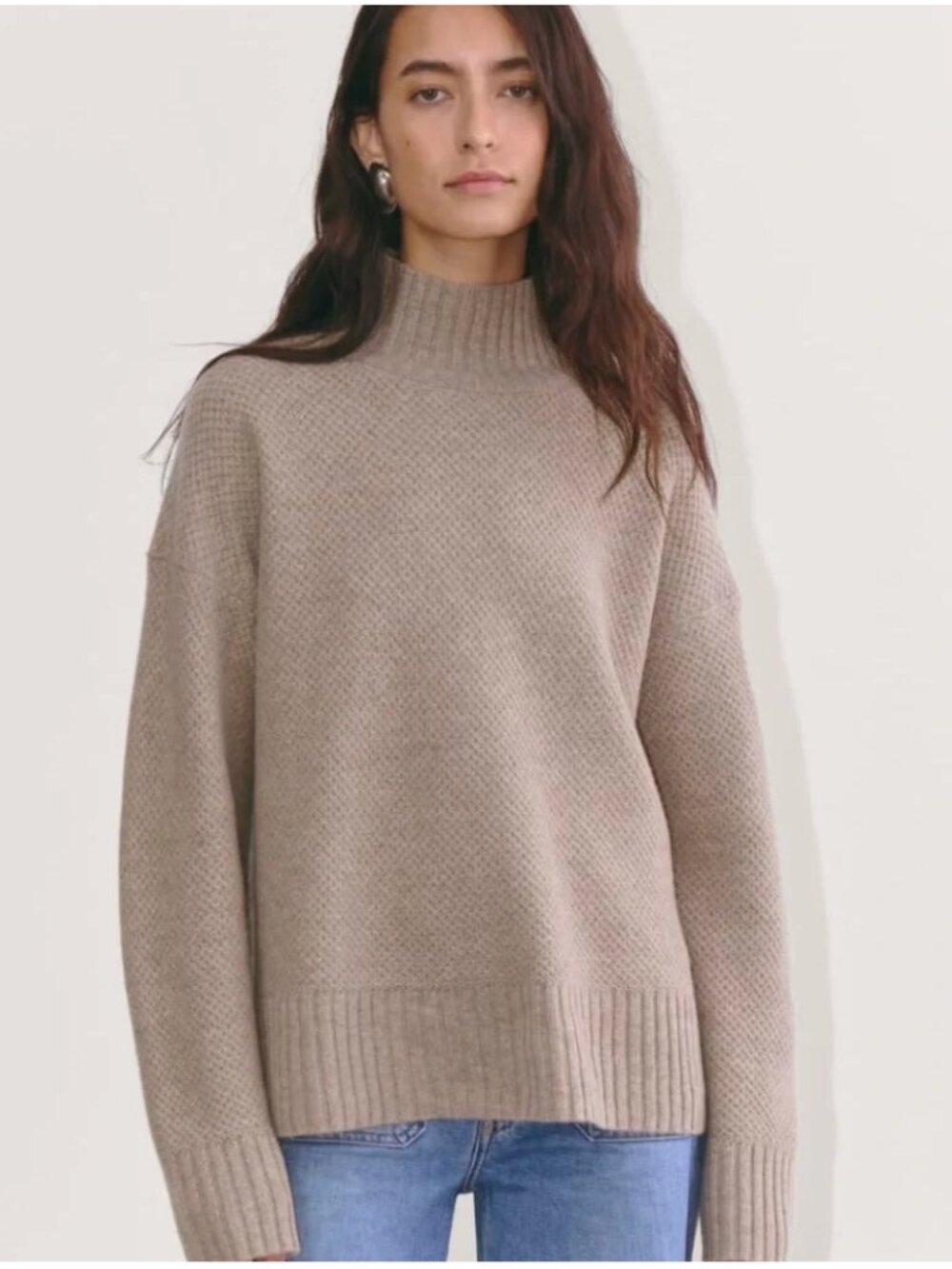 Everlane Recycled Cashmere Sweater Pullover Waffle Knit Mock Neck Taupe Size M